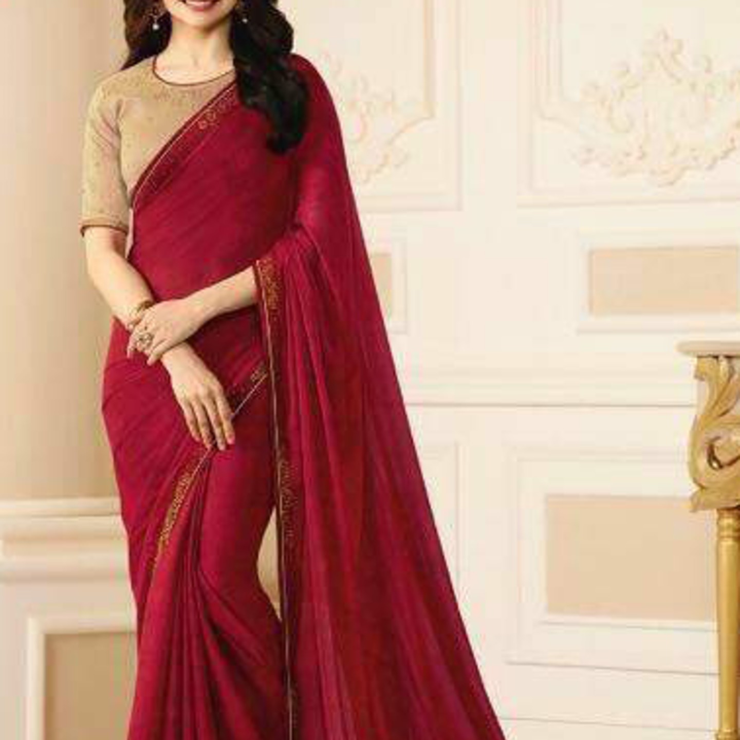 Robe Riche Red Color Rangoli Georgette Plain Lace Work Saree 