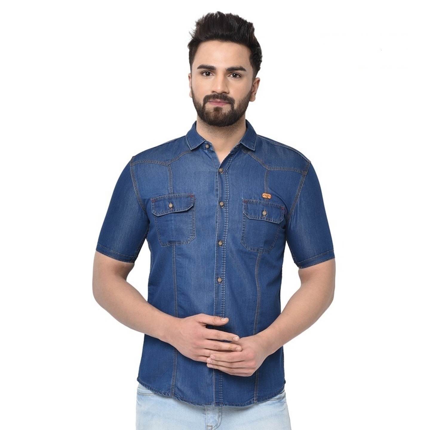 SAMYAKA® Blue Pure Cotton  Half Sleeves Denim Casual Shirt