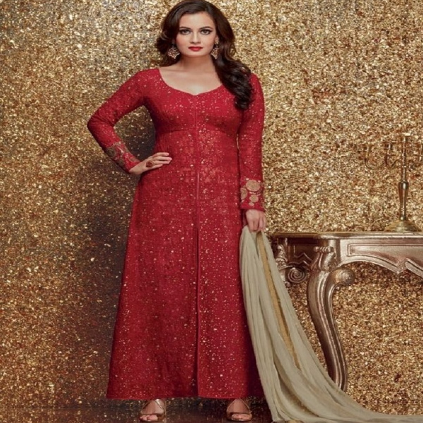 Robe Riche Red Color Georgette Embroidered Semi-Stitched Salwar Suit 