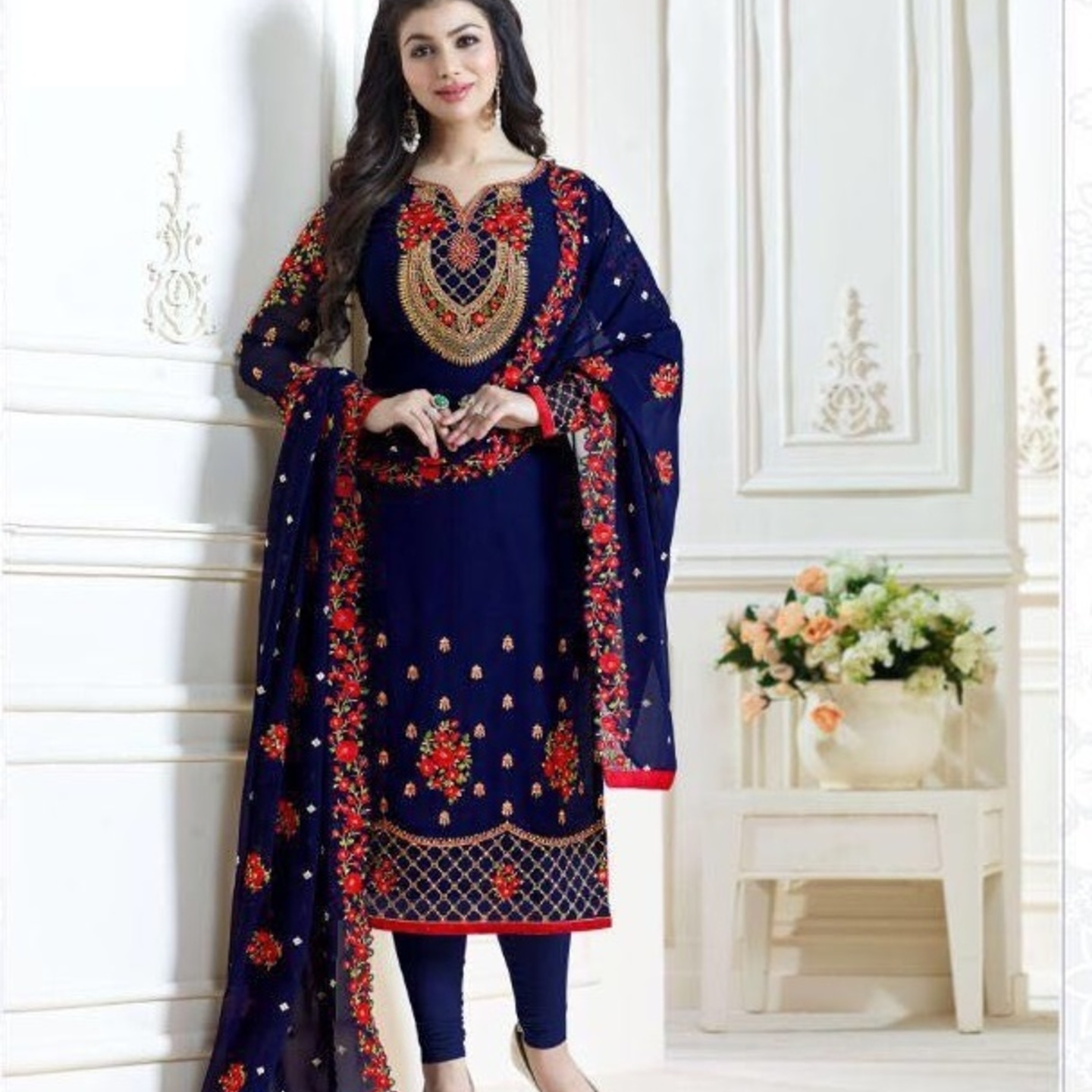 Robe Riche Blue Georgette Embroidered Semi-Stitched Salwar Suit 