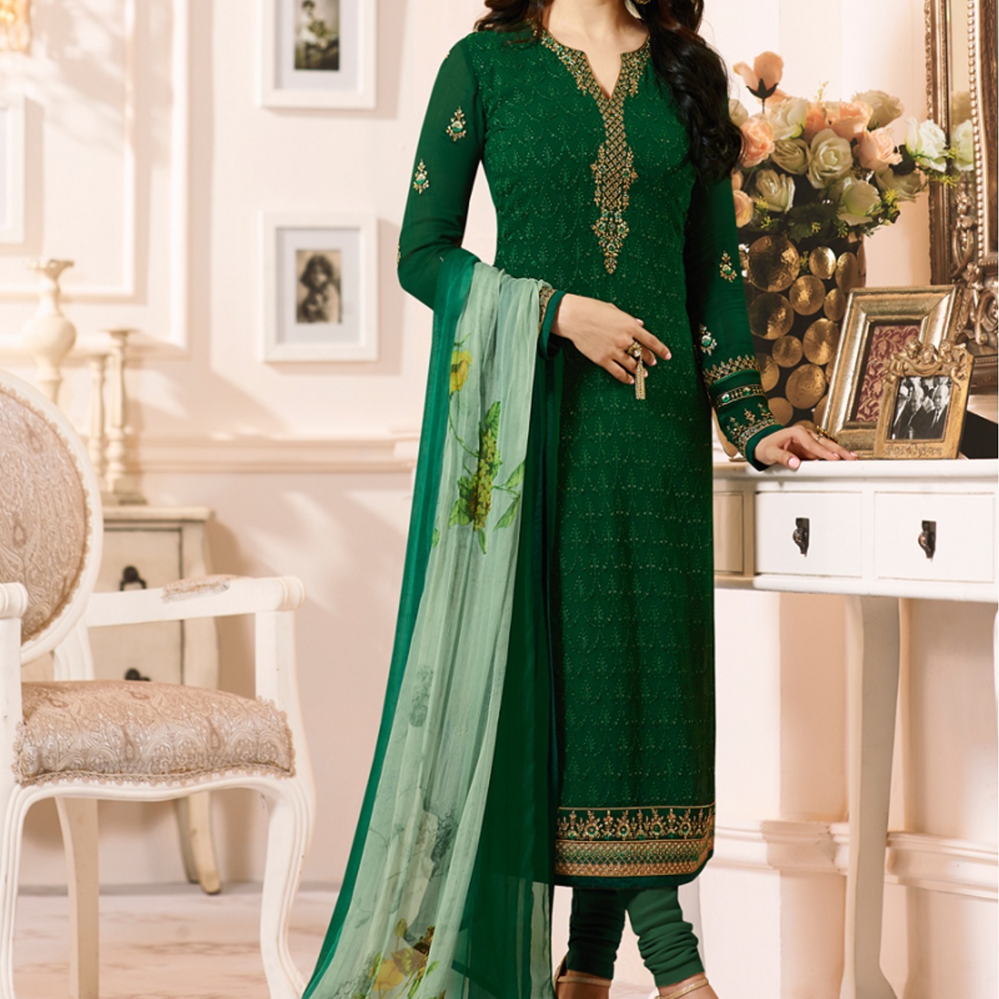 Robe Riche Green Georgette Embroidered Semi-Stitched Dress Material
