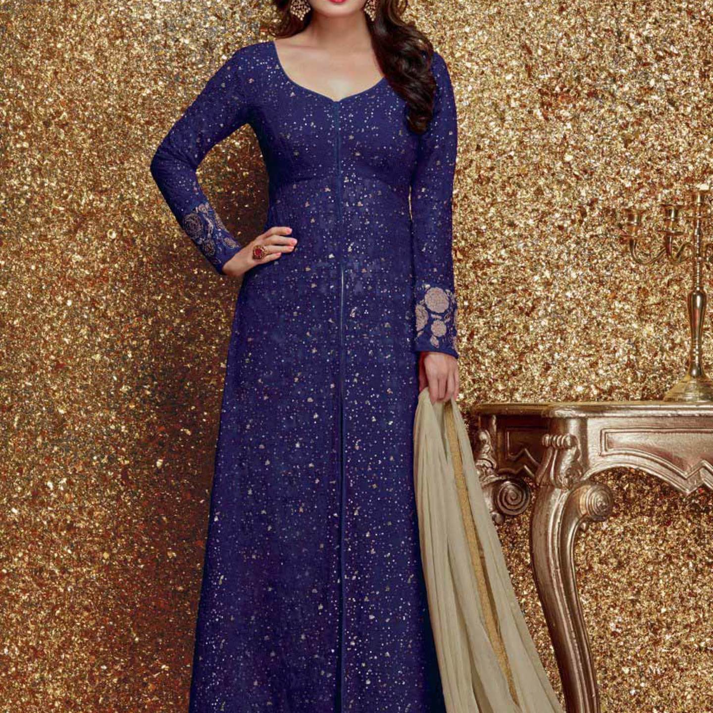 Robe Riche Blue Color Georgette Embroidered Semi-Stitched Salwar Suit