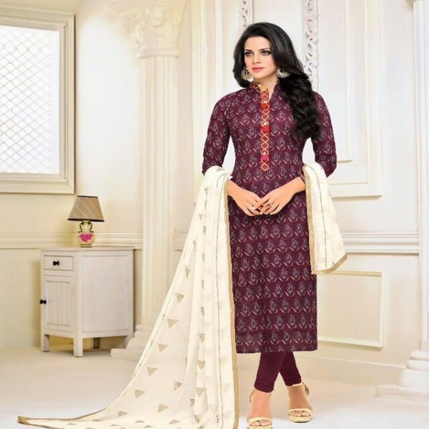 Robe Riche Maroon Chanderi Cotton Print Semi-Stitched Dress Material