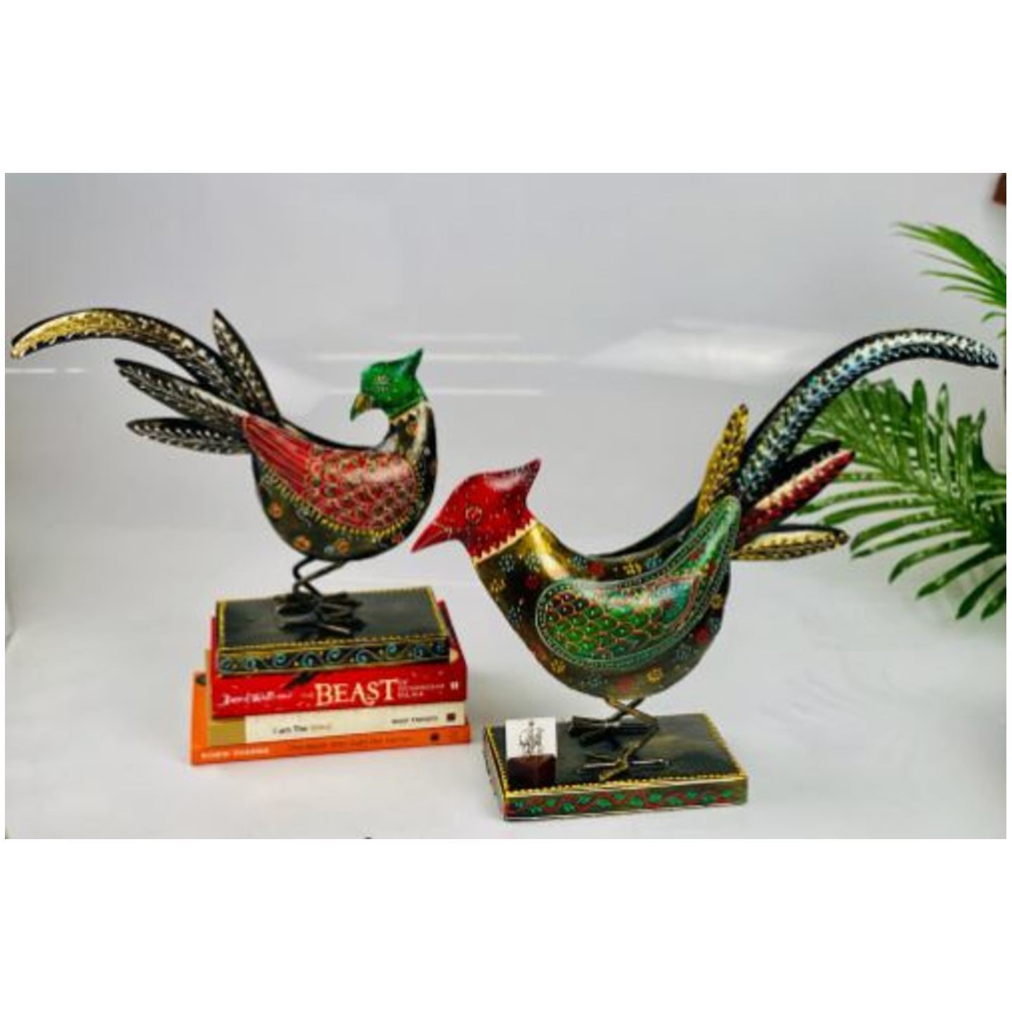 Hand Painted Metal Rooster Pair Table Decor