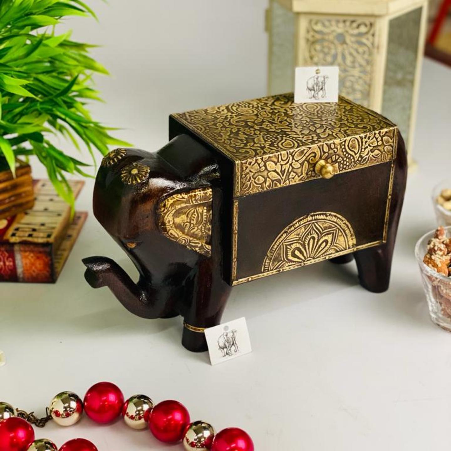 Wooden Elephant Shape Box Brass Fitted.