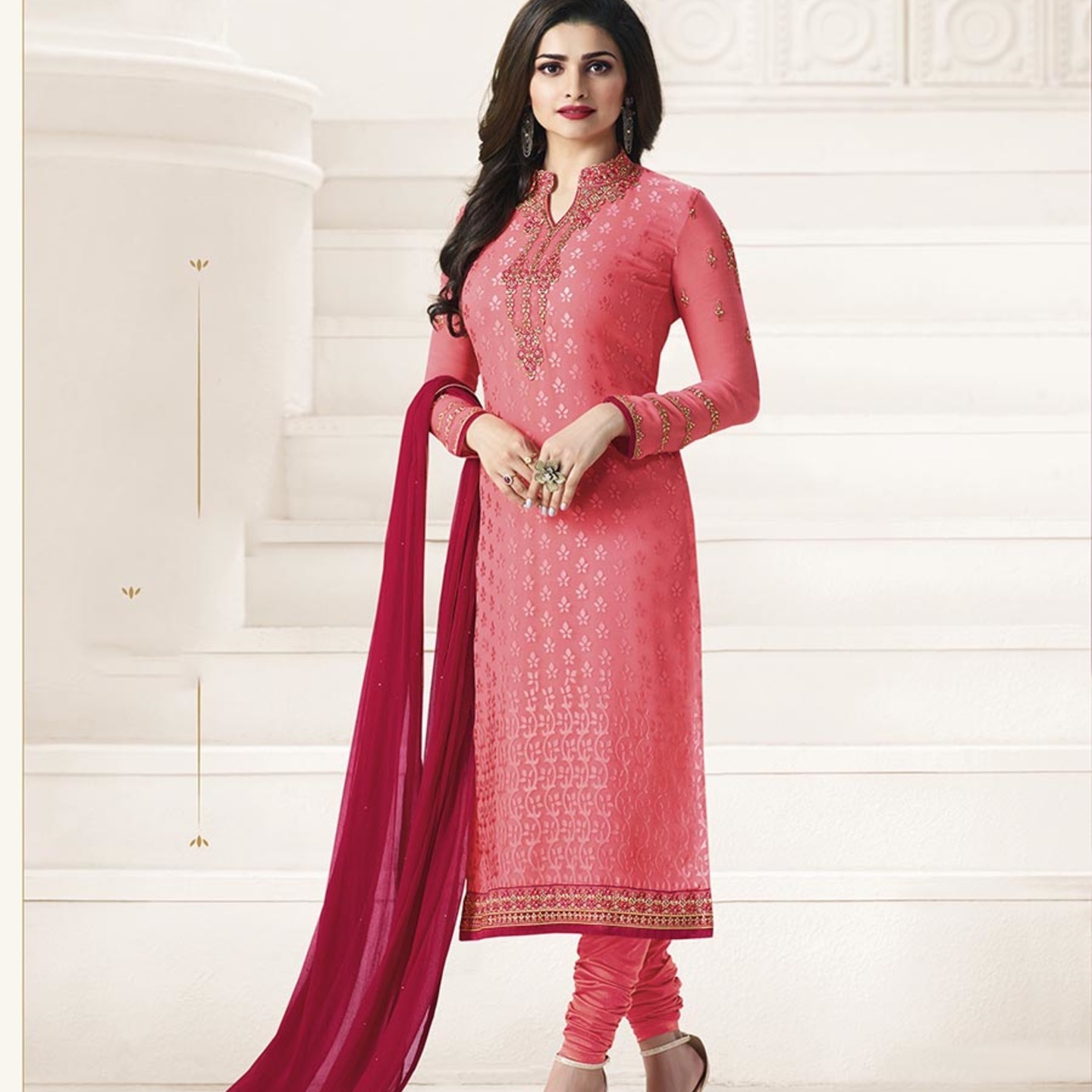 Robe Riche Pink Color Brasso Embroidered Straight Cut Semi-Stitched Dress Materials 