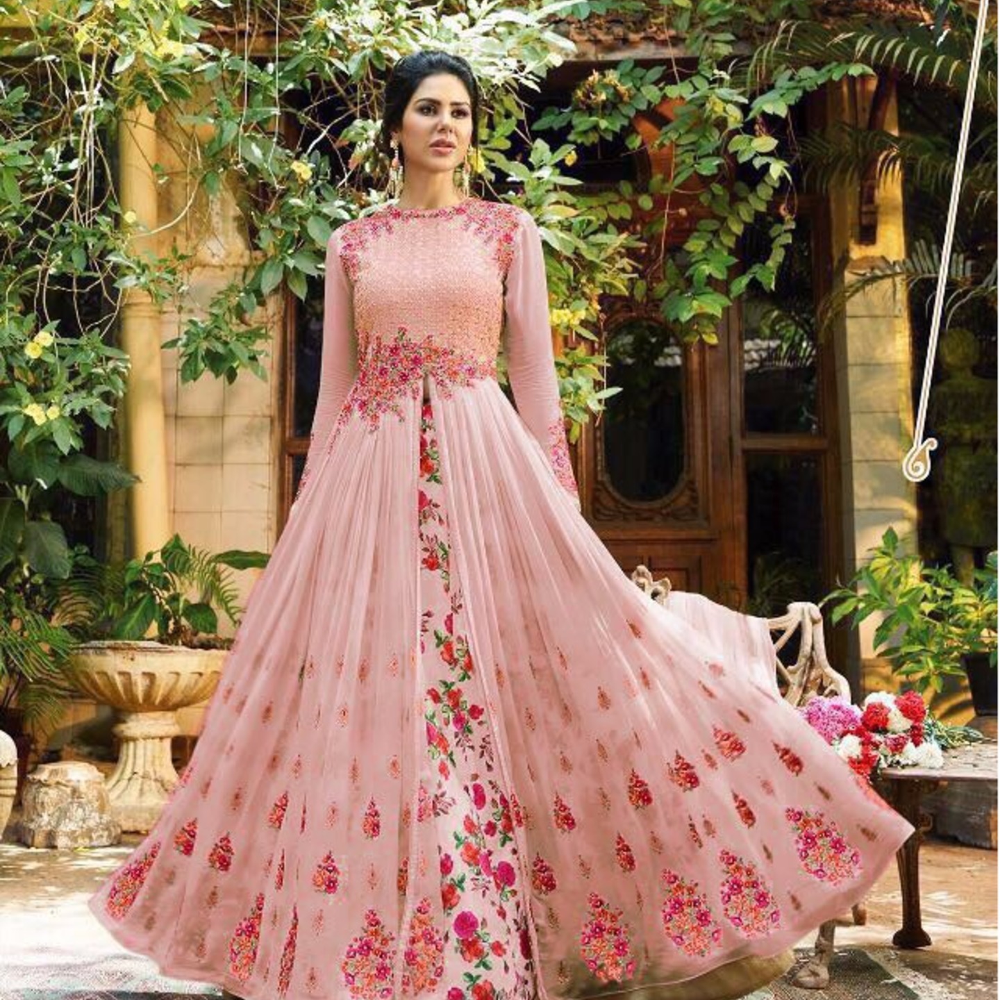 Robe Riche Pink Color Georgette Embroidered Semi-Stitched Gown 