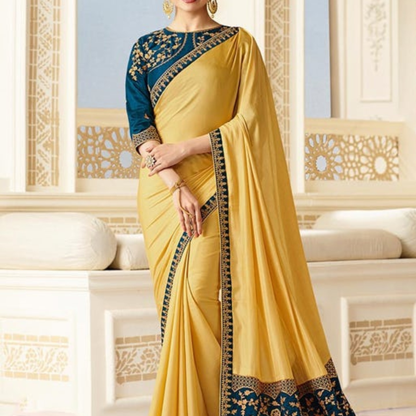 Robe Riche Yellow  Color Malai Silk) Embroidered With Lace Work Saree 