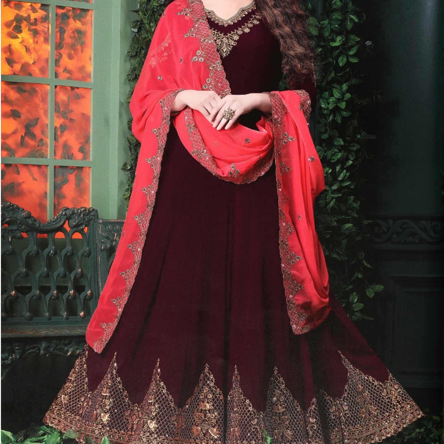Robe Riche Maroon Color Georgette Embroidered Semi-Stitched Anarkali 