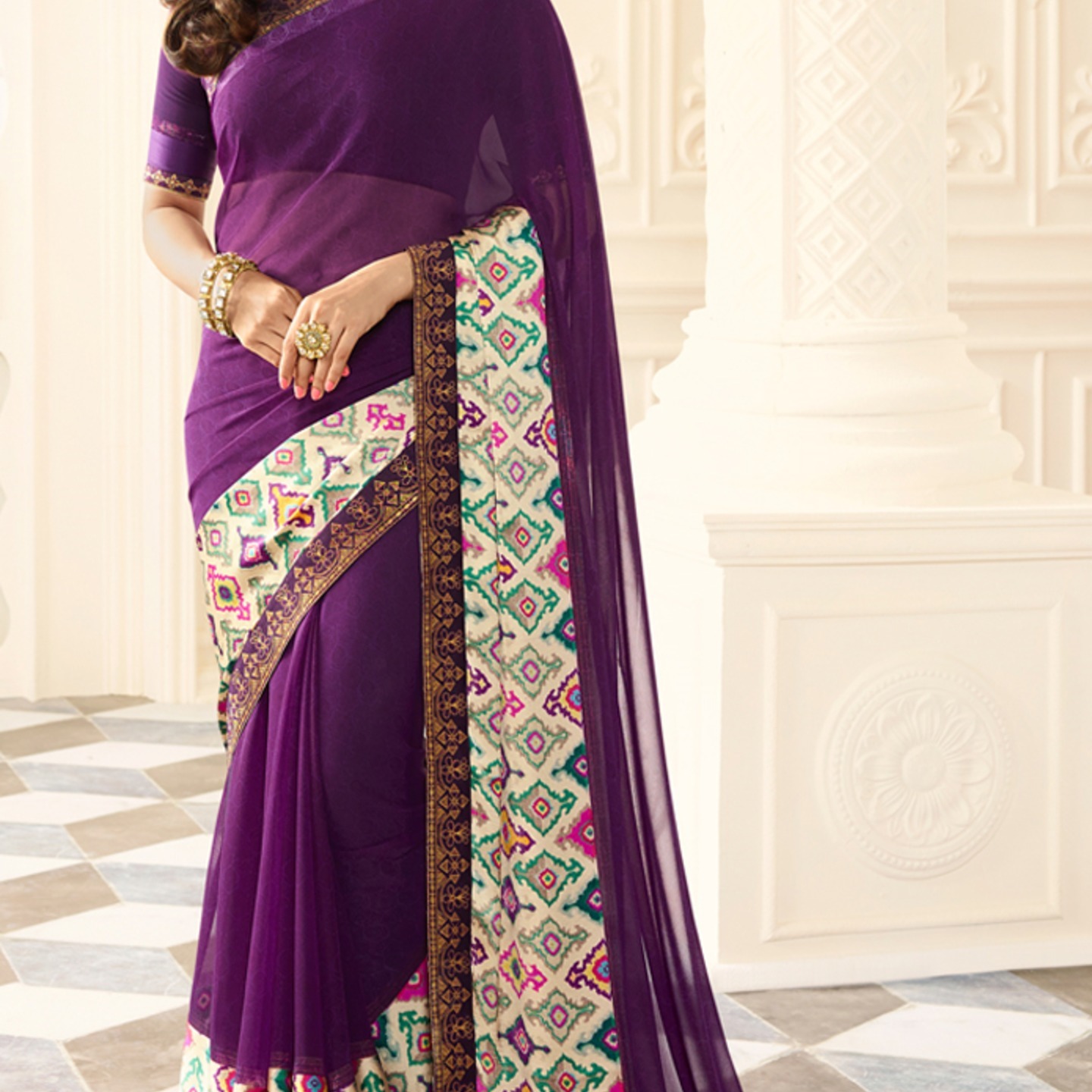 Robe Riche Purple Color Georgette Printed Saree 