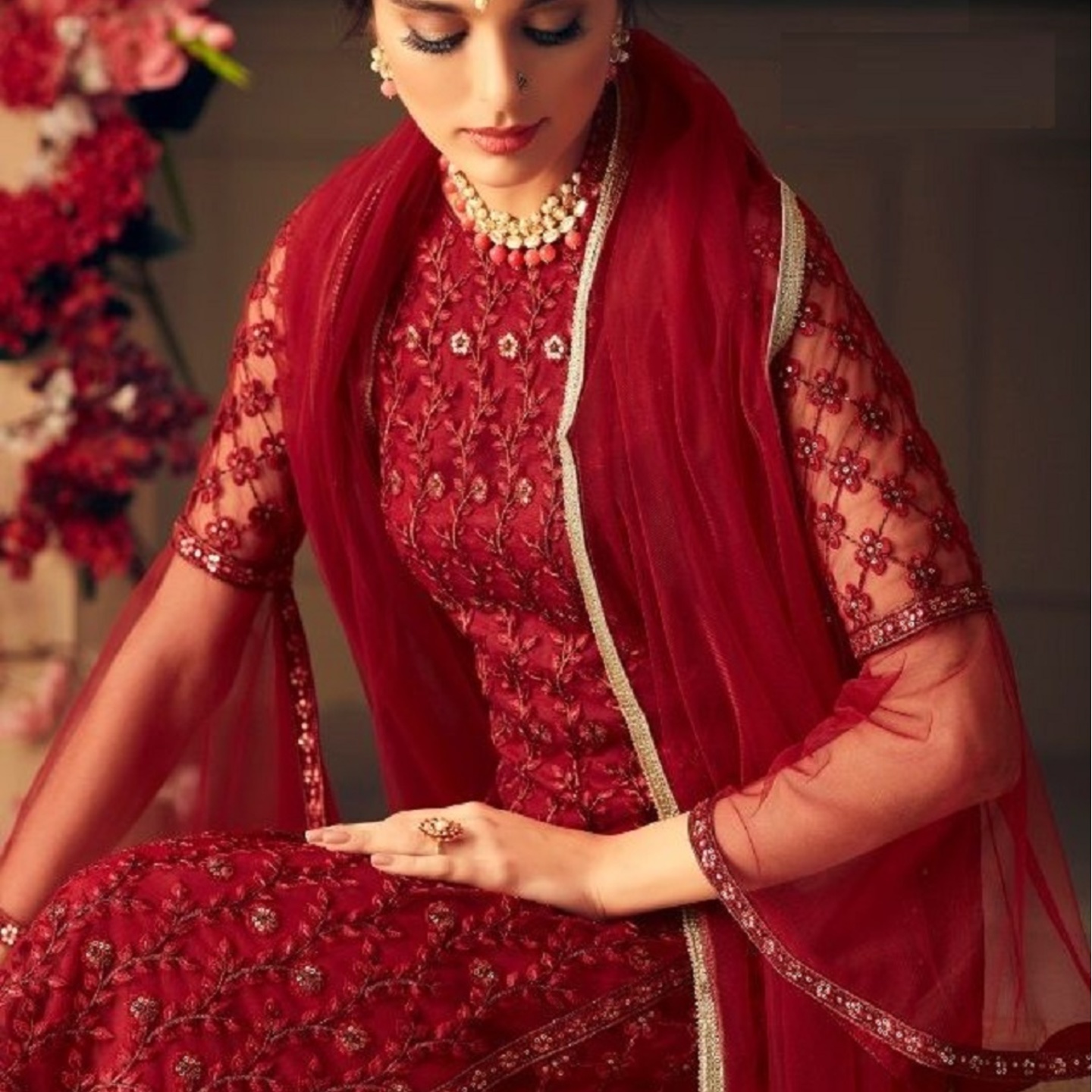 Robe Riche Red Georgette Embroidered Semi-Stitched Salwar Suit 