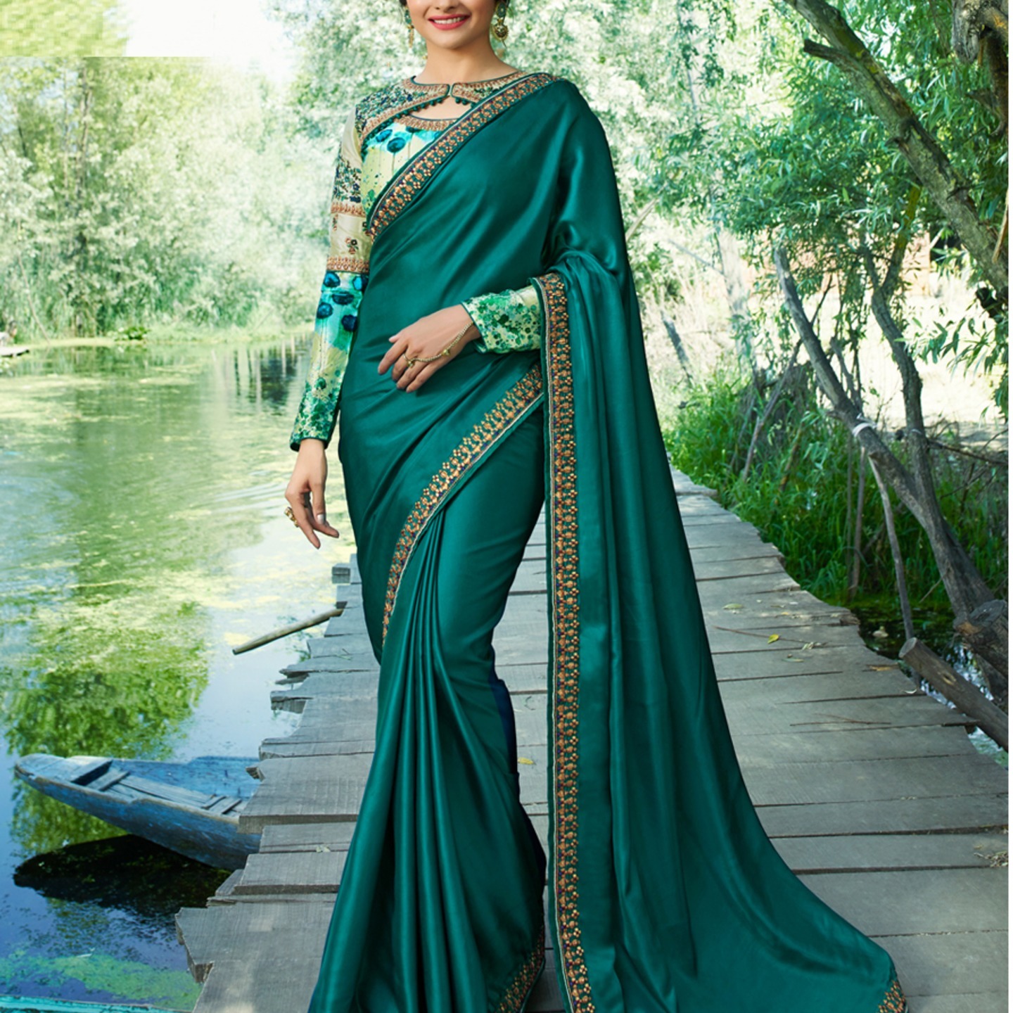 Robe Riche Turquoise Color Silk Plain lace work Embroidered Saree 