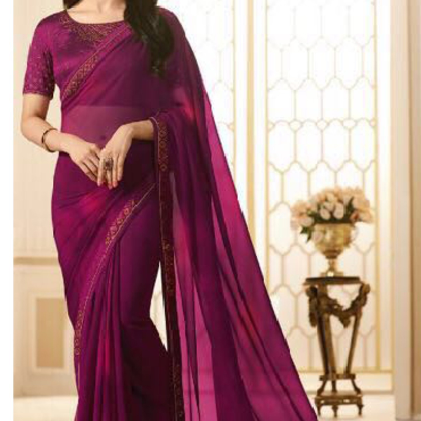 Robe Riche Light Purple Color Rangoli Georgette Plain Lace Work Saree 
