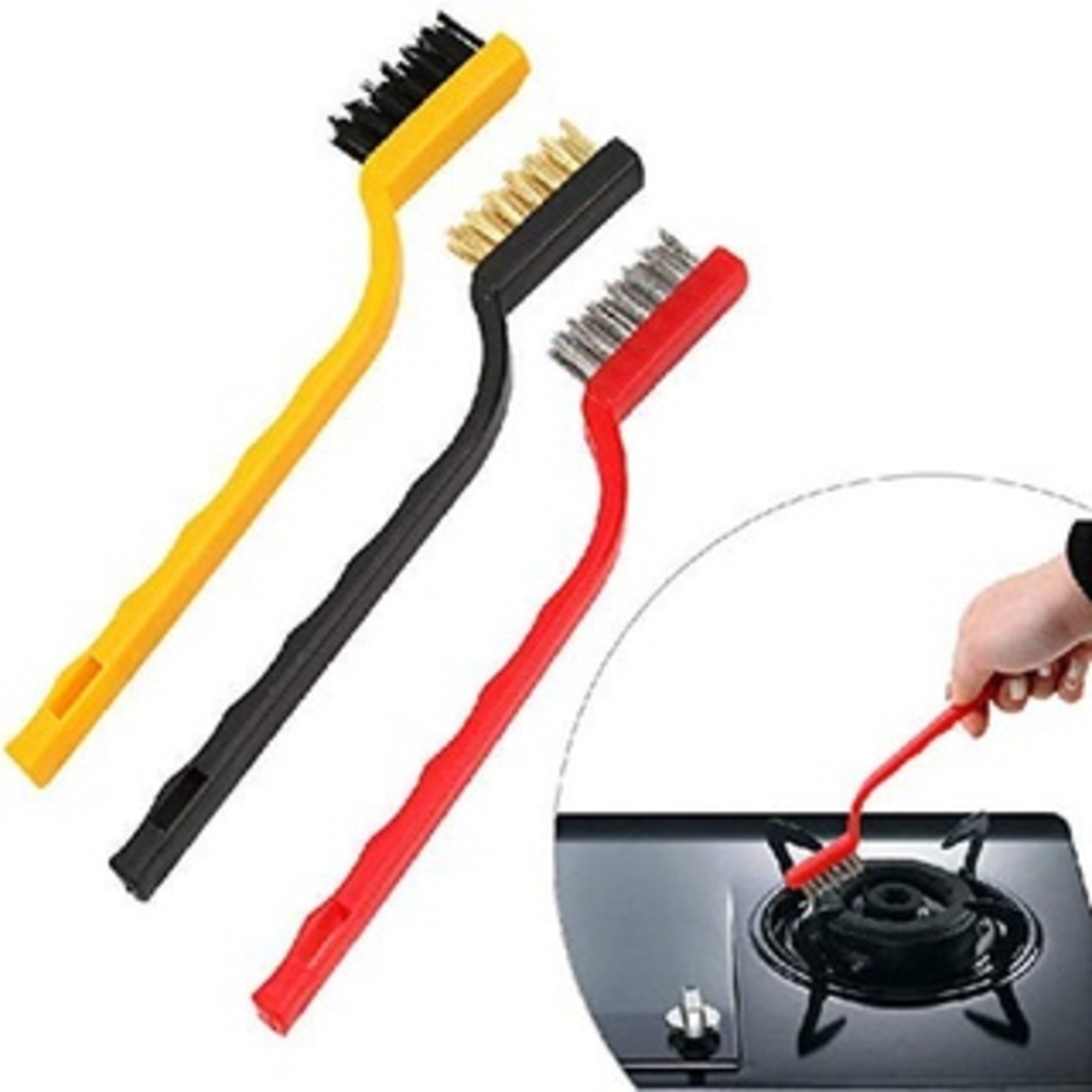 SAMYAKA  Set of 3 Pc Mini Wire Brush Cleaning Tool Kit Brass Nylon, Stainless Steel Bristles