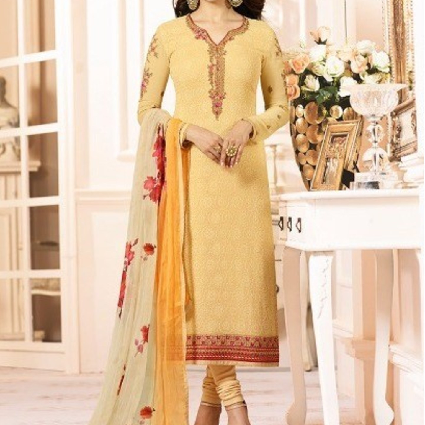 Robe Riche Yellow Georgette Embroidered Semi-Stitched Dress Materials 