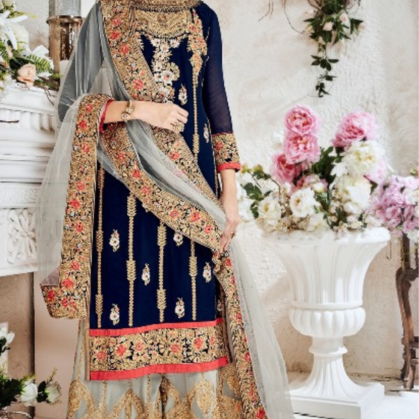 Robe Riche Blue Georgette Embroidered Semi-Stitched Salwar Suit 