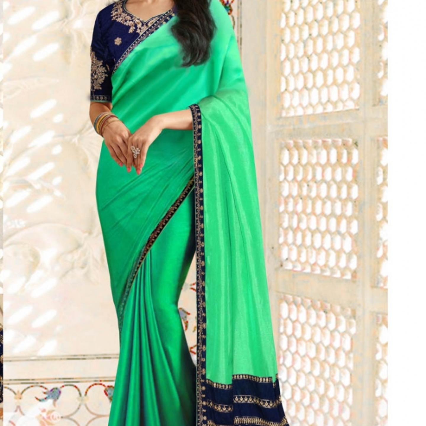 Robe Riche Green Color Malai Silk Embroidery With Lace Saree 