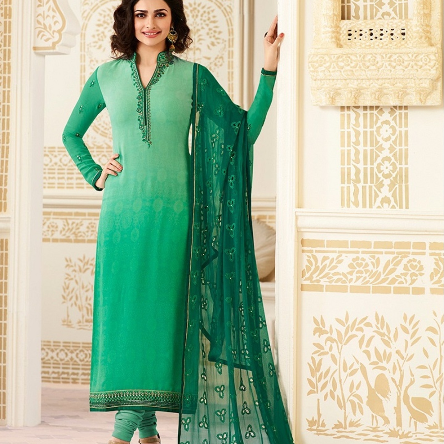 Robe Riche Green Georgette Embroidered Semi-Stitched Dress Material