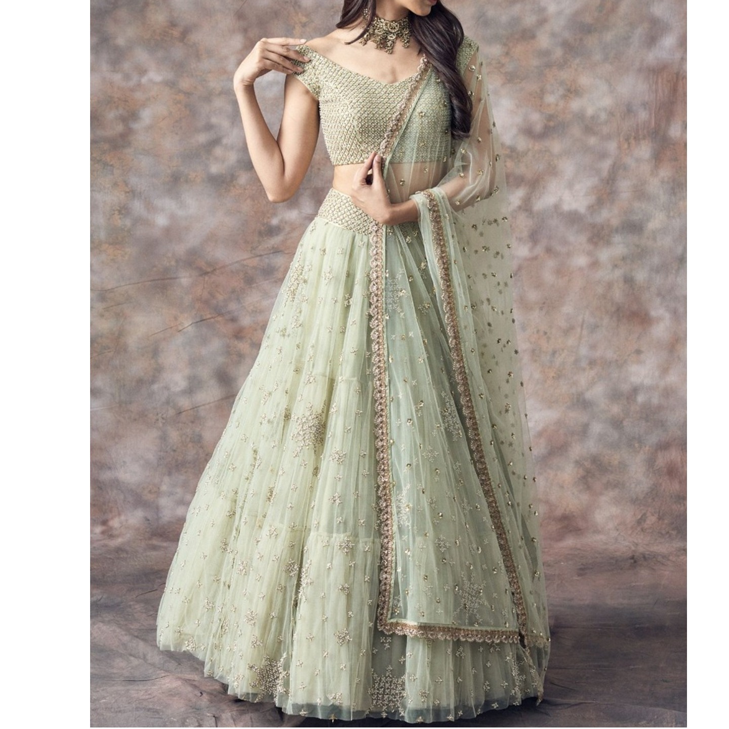 Green Soft Net Lehenga