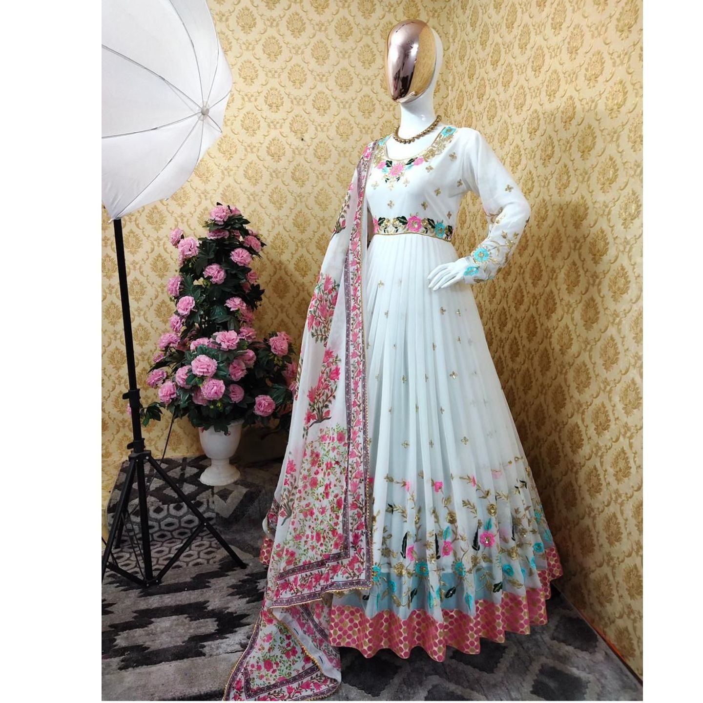 HEAVY EMBDROIDERY AND 3MM SEQUENCE WORK WITH JACQUARD BROCKET PATTA GOWN WITH DESIGNER DUPATTA