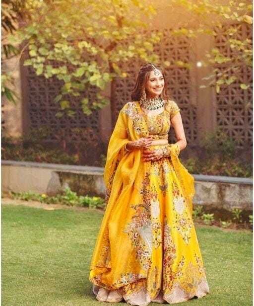 Yellow Malay satin Lehenga Choli, Gagra Choli, Wedding Lehenga Choli