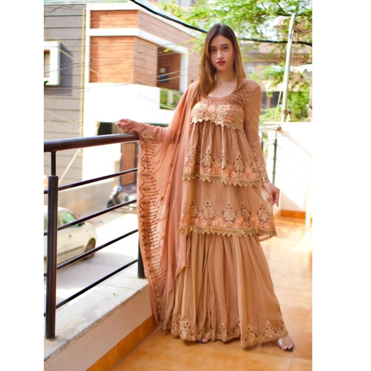  Brown Colour Shara Salwar Kameez With Dupatta Work