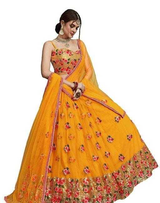 Designer Yellow color net material lahengha with dupatta set