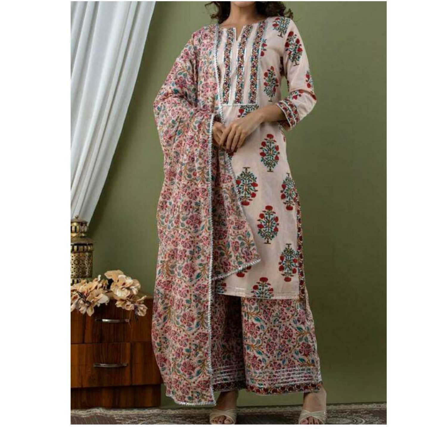 Printed Kurta Set With Lace Work Palazzo And Dupatta