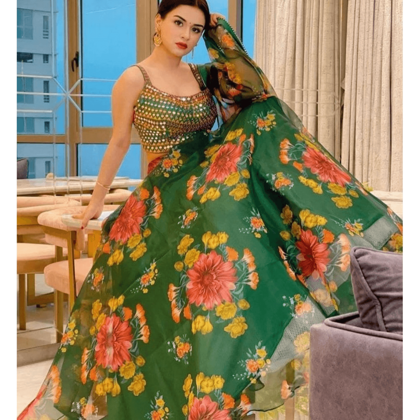 Ethnic Green Organza Designer Lehenga Choli Design