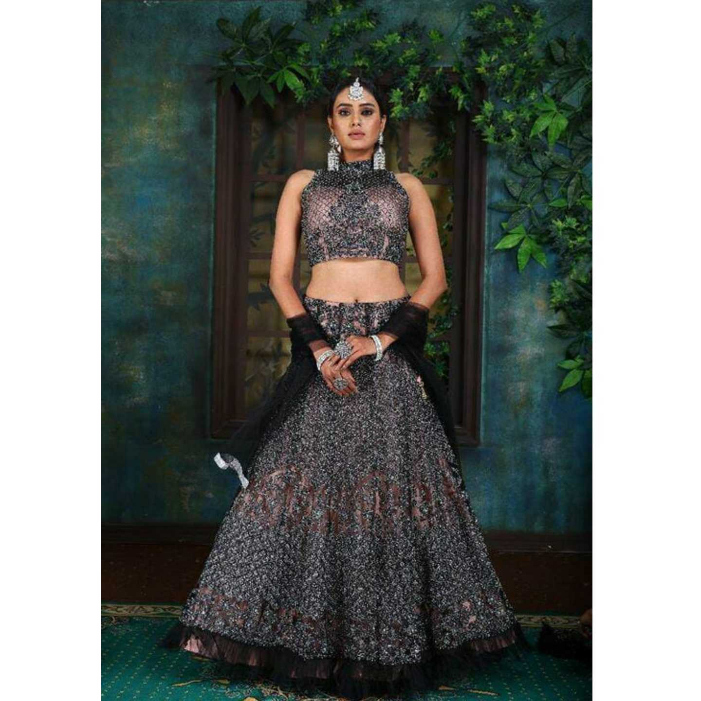 Designer Bollywood Gorgeous Heavy Embroidery With Stone Work Fully Stitched Lehenga Choli Dupatta Black Colour