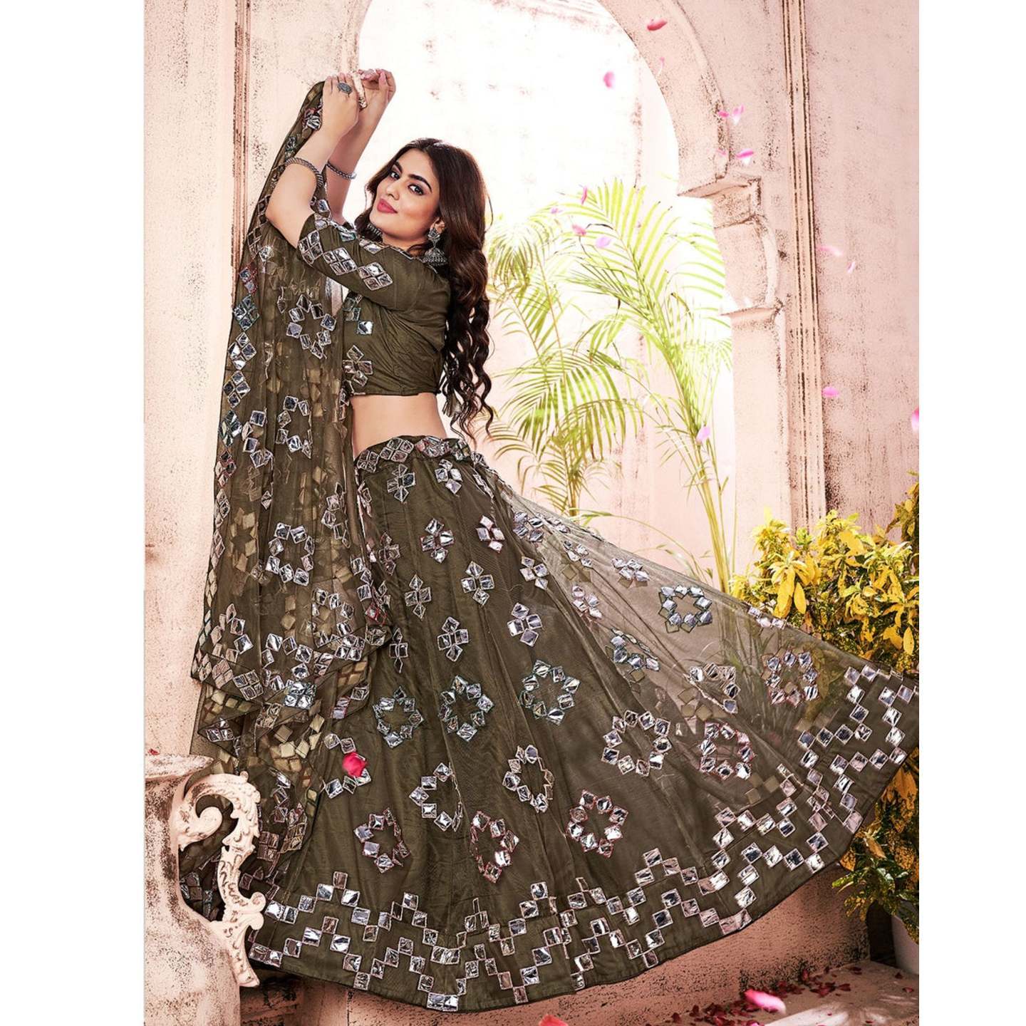 MEHENDI GREEN EMBROIDERED NET LEHENGAS ONLINE SHOPPING INDIA