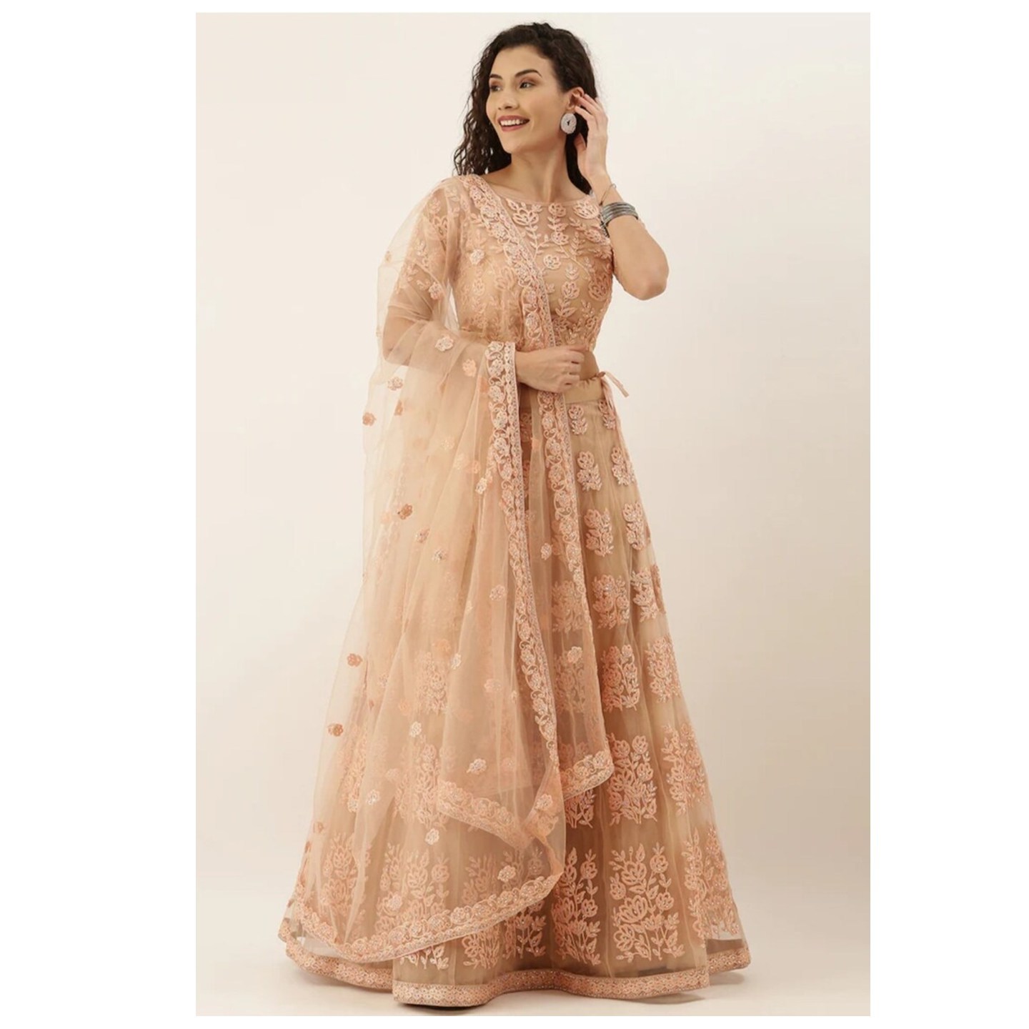 Peach-Coloured Embroidered Semi-Stitched Lehenga With Unstitched Blouse And Dupatta,Embroidered Lehenga,Net Dupatta Lehenga Choli