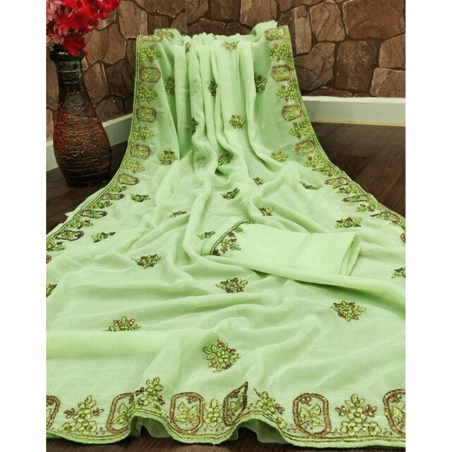 Womens Heavy embroidery work fancy chiffon saree with tone two tone stone work