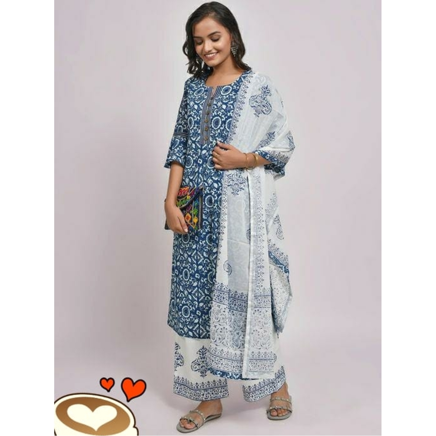 Women Cotton A-line Printed Long Kurti With Palazzos And Dupatta