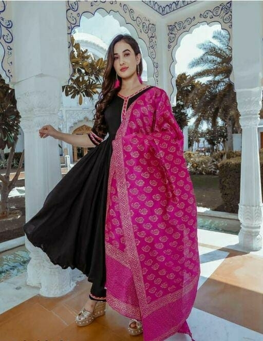 Black Rayon Gota Kurta & Palazzo With Dupatta