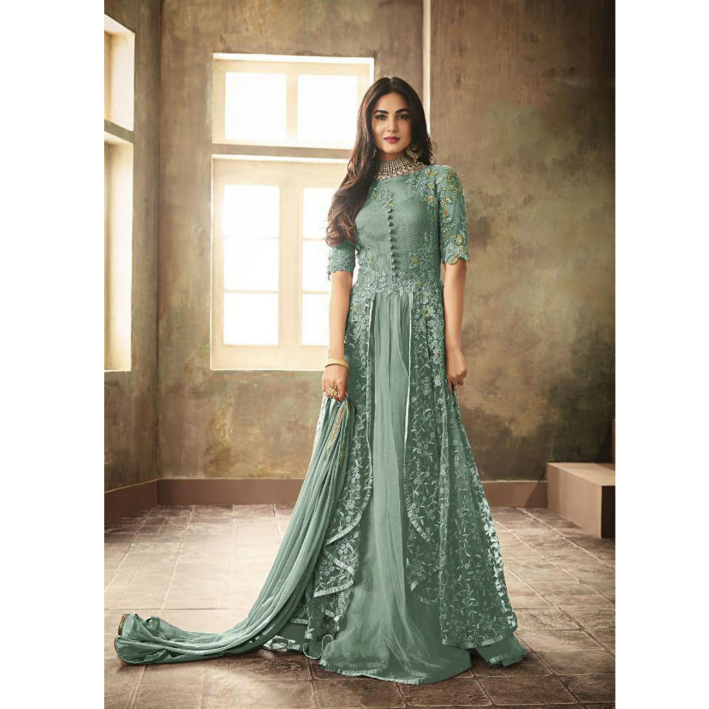 Maisha Women’s Wear Sage Green Color Heavy Net Embroidery Work Anarkali Suit