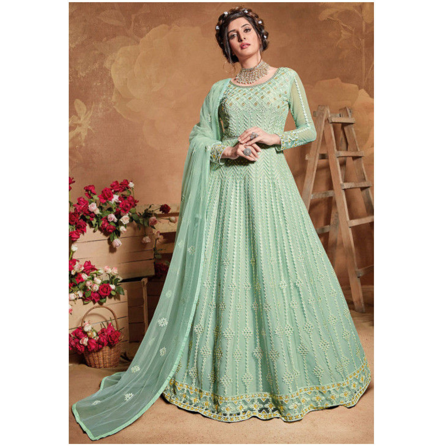 Embroidered Net Abaya Style Gown in Sea Green