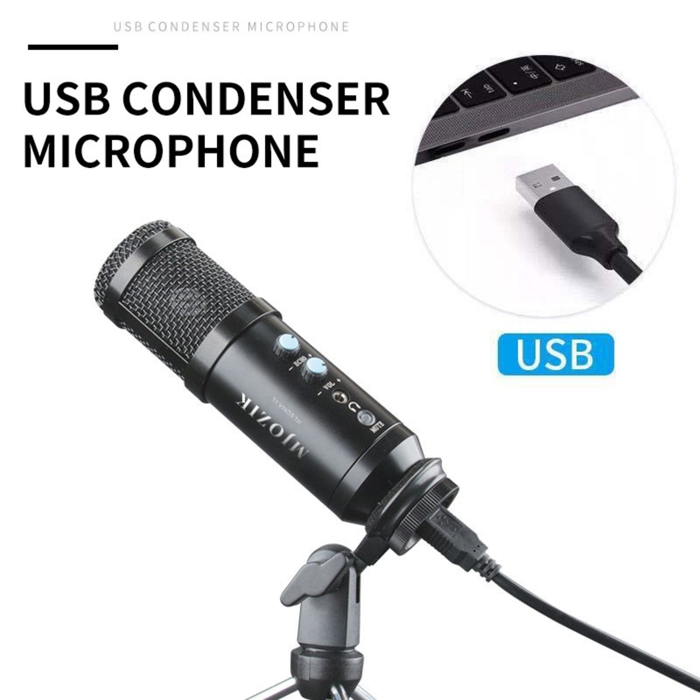 MJOZIK MMU00001 USB Cardioid Condenser 16mm Diaphragm Microphone with Tripod Stand for Laptop MAC or Windows Studio Recording Vocals, Streaming Broadcast, Podcast, Gaming and YouTube Voice-Over