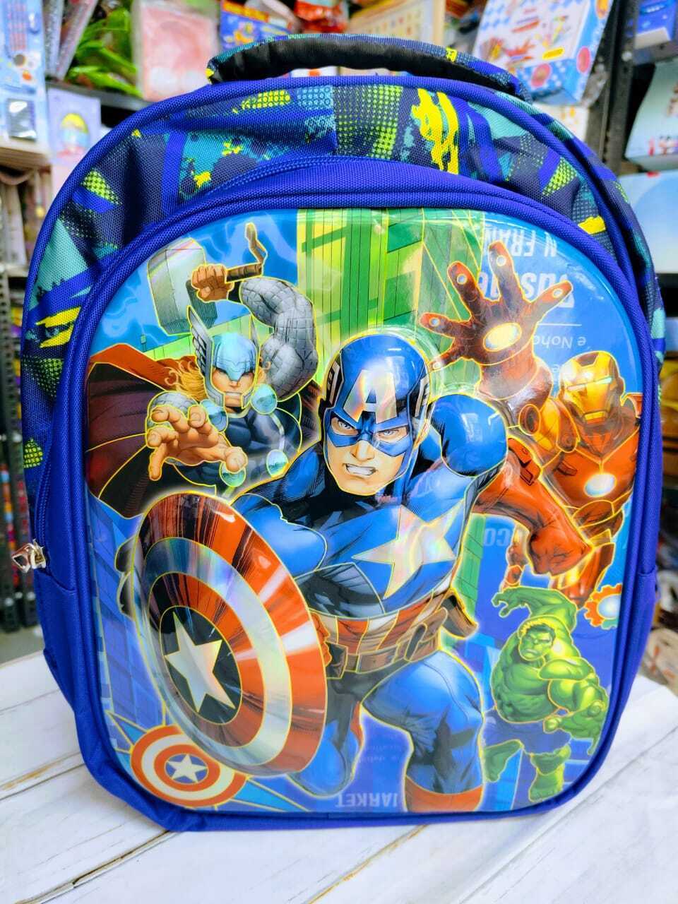 Esmi- *3D Waterproof School Big Full Size Bag*

Size Aprox 19inch
3 sections , 1 side pockets , soft cushioned, light weight 

 Theme - Unicorn , Spider, Captain America, , Space 

 Price 450/-