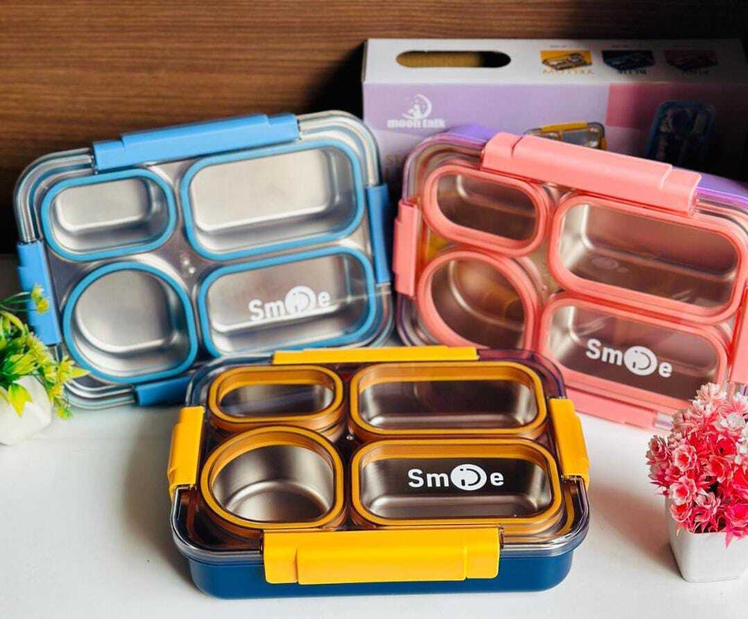 Esmi- Bento 4 section Lunch Boxes- 4 Grid- 100 Leak Proof food wont mix in between sections - Steel Spoon and 2 chopsticks - 3 colors available Price - Rs 450+ship Random colorRs 20  color choice extraCustomisation - Rs 50- extra