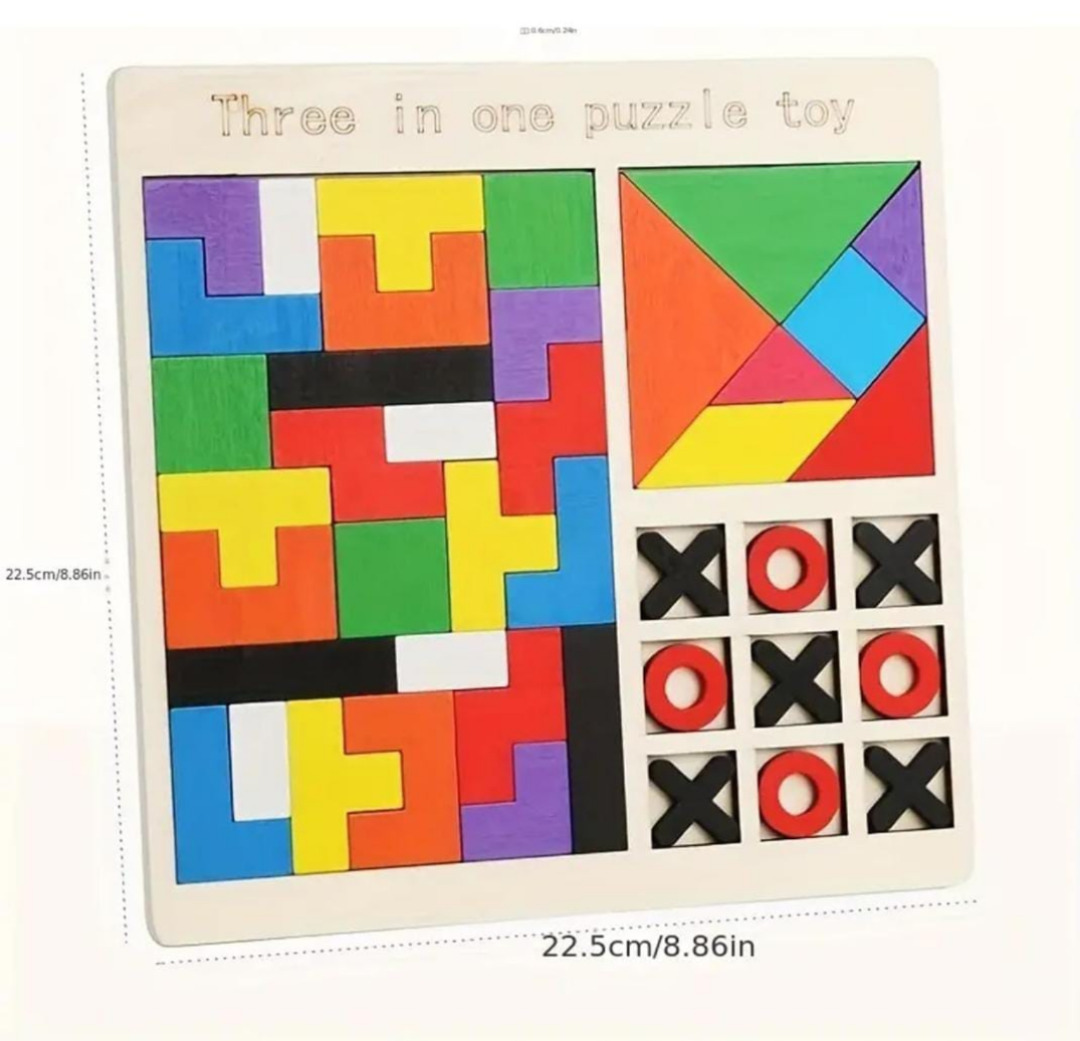 Esmi®- *3 in 1 Puzzle Toy - Wooden*

Aprox 10 inch 
Tetris
Tangram 
Tic-tac-toe
Wooden board

Price 210/-