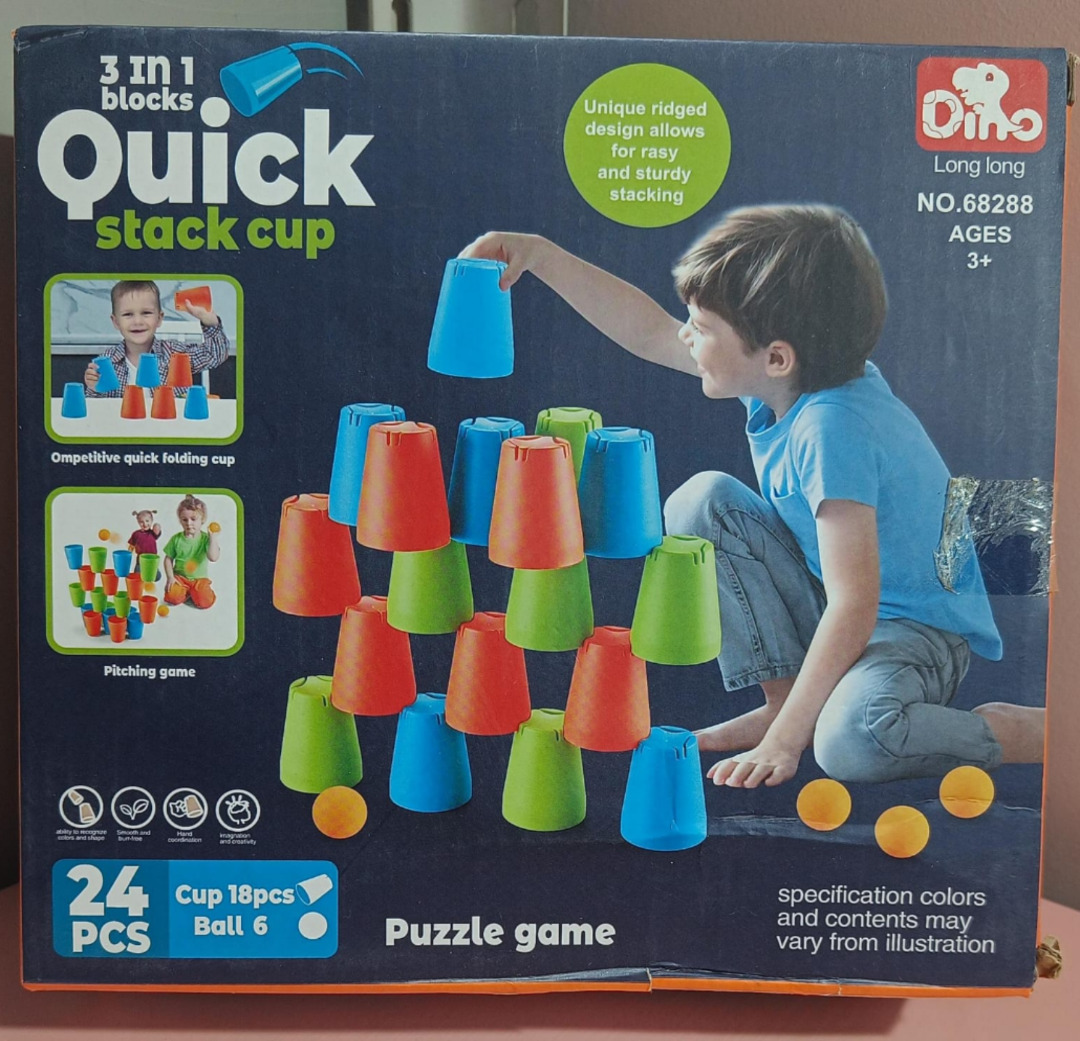 Esmi®- *3in1 Quick Stack Cup Toy*

Cupstruction is the unique fun building system made of stackable cups with specially designed ridges for simple but sturdy stacking, fun for all ages. 
Stack  Create  Play with Cupstruction

Includes 18 cups + 6 soft balls

Price 549/-

1 kg Shipping