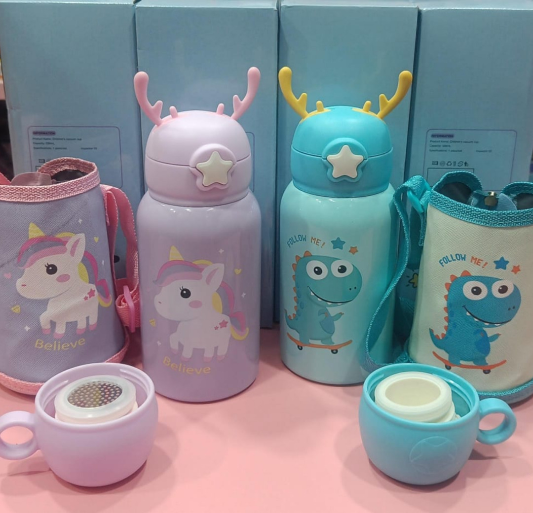 Esmi®- *Insulated Stainless steel Sipper Water bottle with dual cup , Hanging cover & Cute Horns*

Dino & unicorn