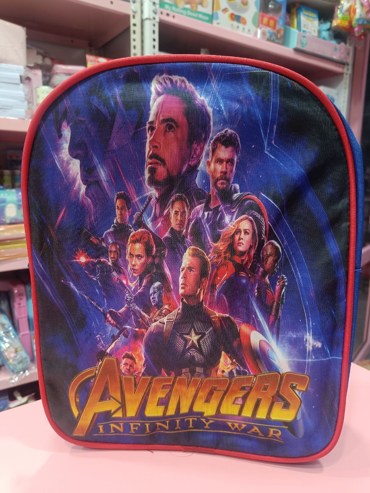 Esmi- *3d Avenger School bag*

Size Aprox 14", 2 section, 1 side pocket 

Theme  Avengers 

Price 300/-