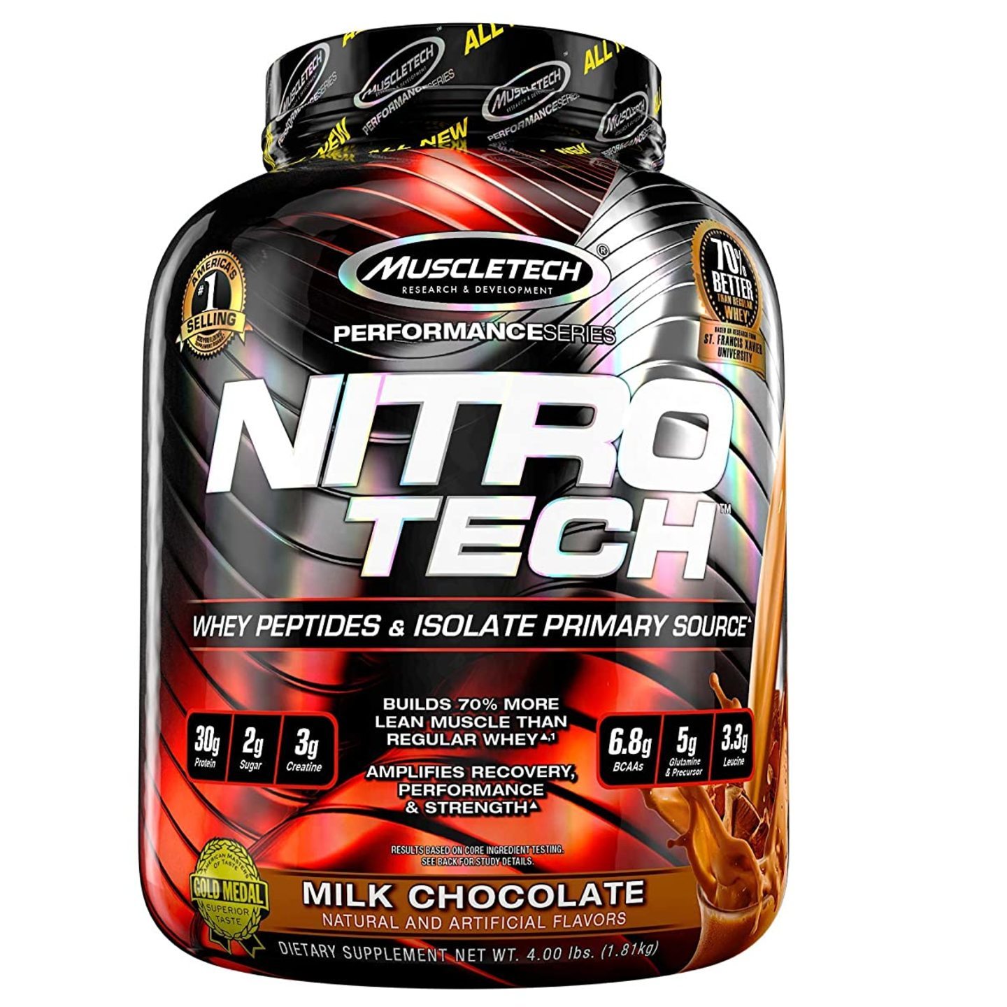 Muscletech Performance Series Nitrotech Whey Protein Peptides & Isolate (30g Protein, 3g Creatine, 6.8 BCAAs, 5g Glutamine & Precursor, Post-Workout) - 4lbs (1.81kg) (Milk Chocolate)