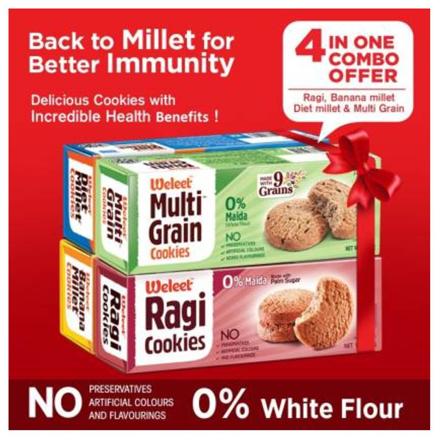 Weleet NATURAL COOKIES (RAGI, MULTI GRAIN,DIET MILLET & BANANA) 4 COMBO Assorted  (360 g, Pack of 4)