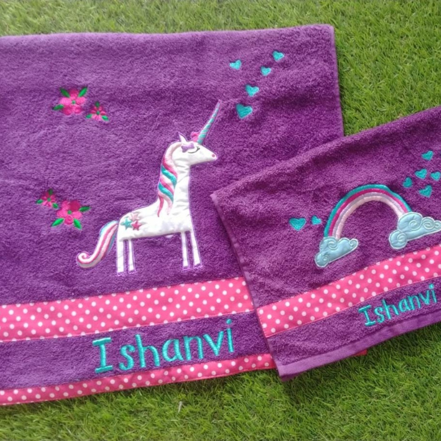Kids Bath Towel & Hand Towel with Motif & Name Unicorn-Purple
