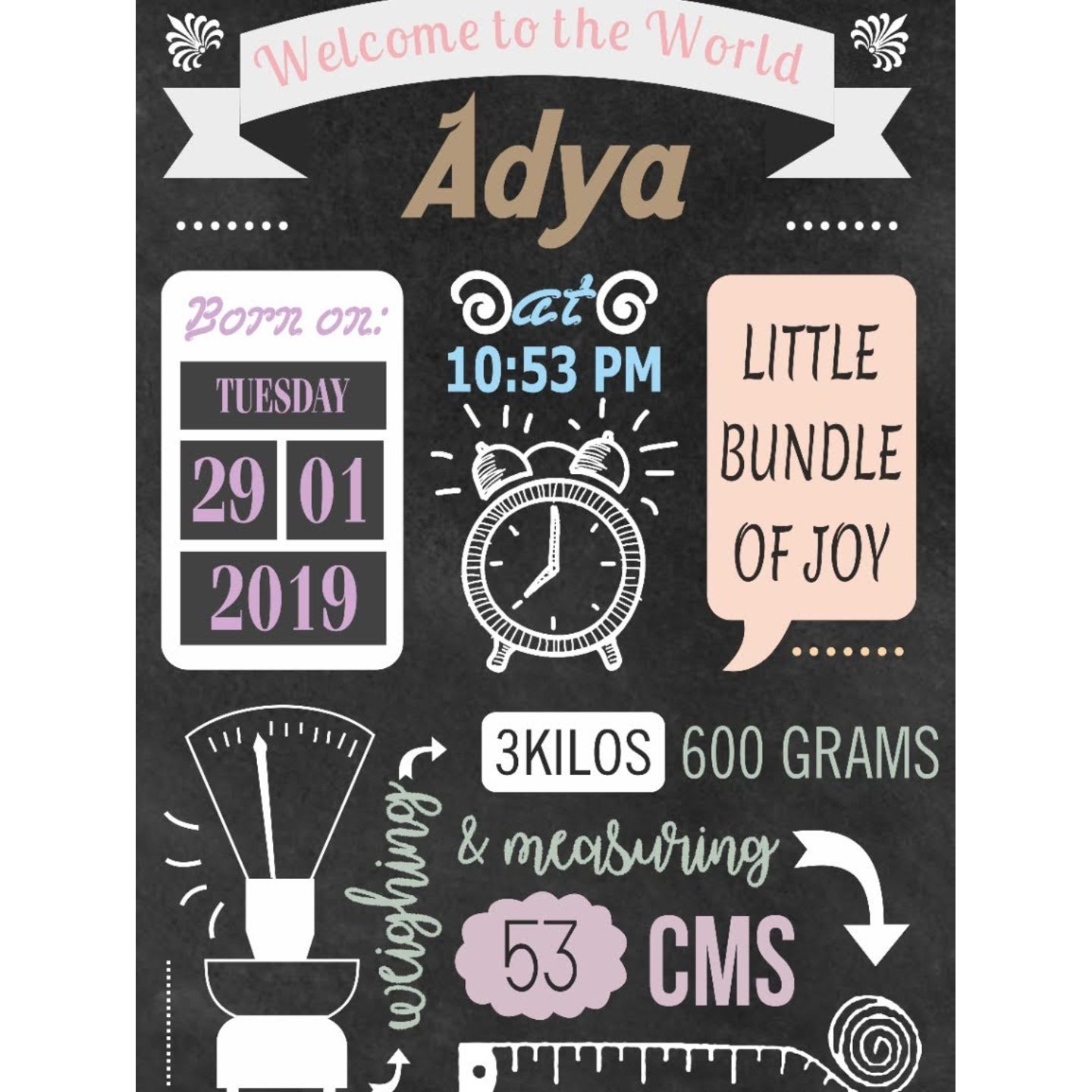 A digital chalkboard to welcome the baby to the world.