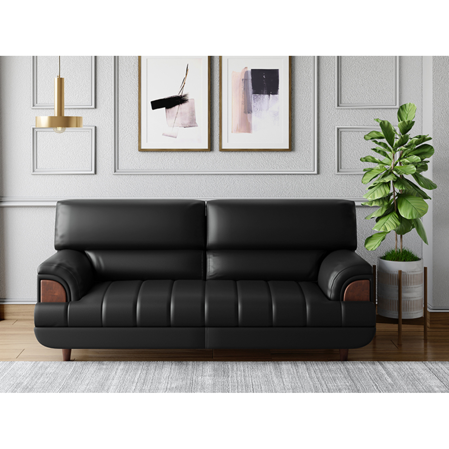 Godrej Bayflow 3 Seater Sofa Leatherette, Black