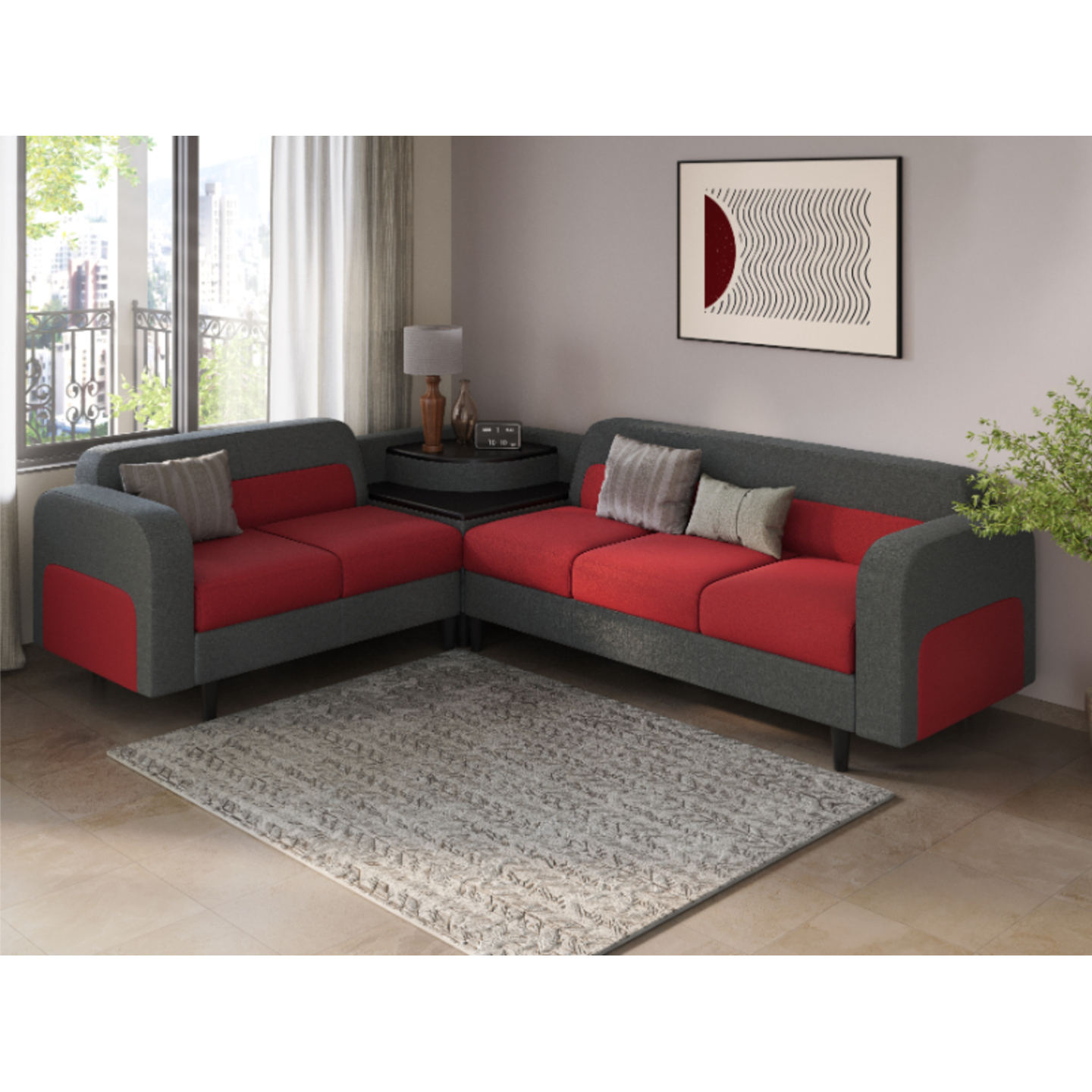 Godrej Colosseum 5-Seater L Shape LH Sofa Fabric, Dark Grey Red